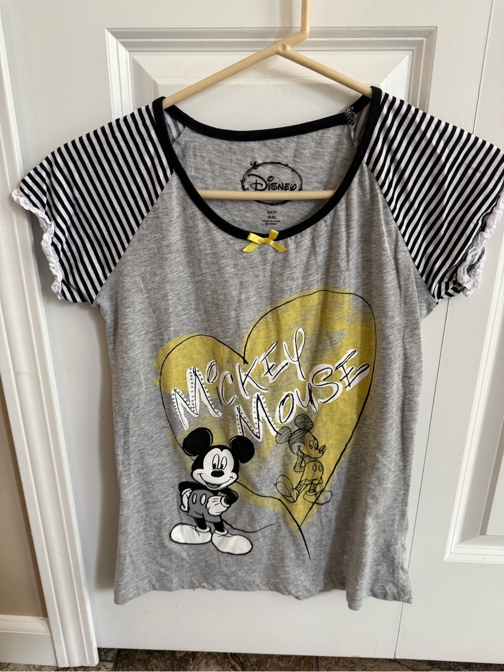 Disney Mickey Mouse Grey & Yellow Graphic Raglan Tee with Black Stripes